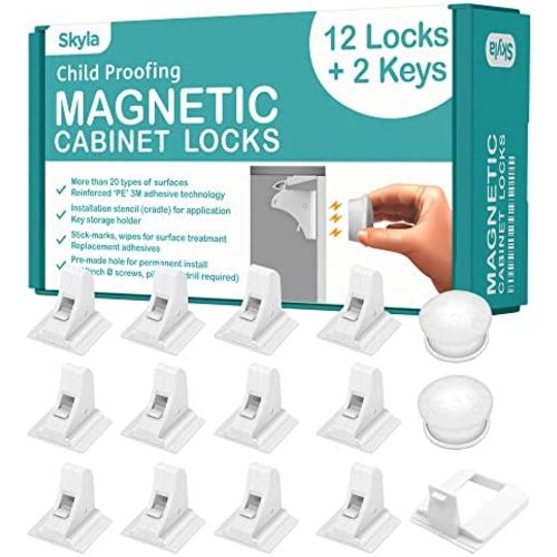 Magnetic Cabinet Locks (12-Pack 2 Keys) Baby Proofing & Child Safety by Skyla Homes - The Safest, Quickest and Easiest Multi-Purpose 3M Adhesive Child Proof Latches, No Screws or Tools Needed