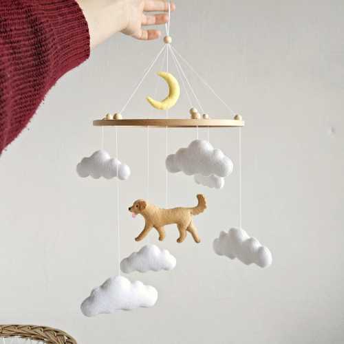 Golden Retriever Baby Mobile: Handmade Felt Dog Nursery Decor with Stars and Moon