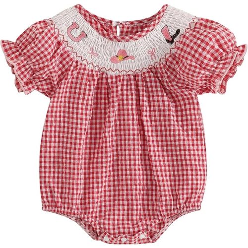 Baby Girl Smocked Western Romper Short Sleeve Bubble Rompers Summer Clothes Plaid Print Embroidery Bow Bodysuit Tops