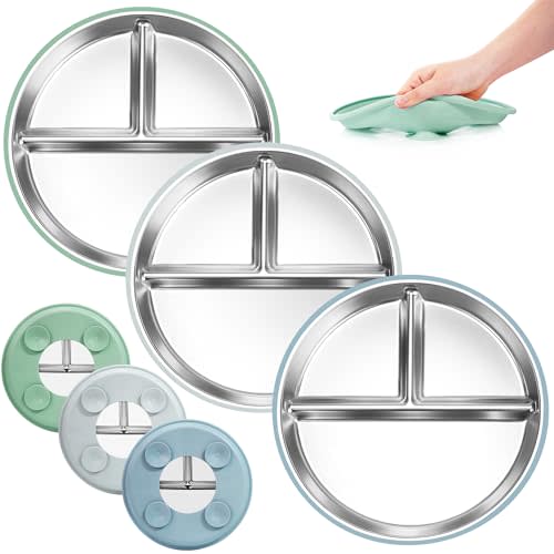 Stainless Steel Toddler Plates Silicone Suction,3 Packs Non-Slip Baby Plates,Divided Portion,Food-Grade Silicone Plate for Kids,LEAD-FREE Dishwasher Safe, Green Blue Gray