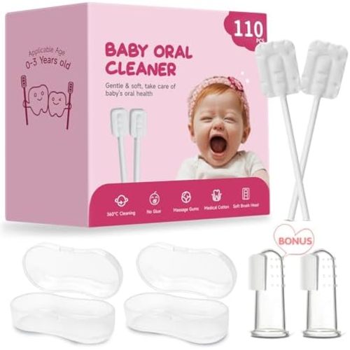 110Pcs Baby Tongue Cleaner, Baby Toothbrush, Newborn Baby Oral Cleaner, Disposable Infant Toothbrush Baby Mouth Cleaner, Gum Cleaner Stick Dental Care for 0-36 Month Baby+2 Finger Toothbrush