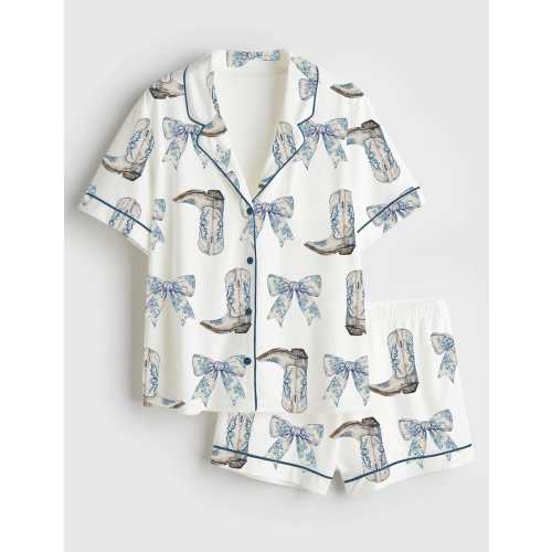 Women's Coquette Blue Bow And Boots Cowgirl Short Sleeve Satin Pajama Set, Gift For Women Pijamas Cowgirl Bow Boots Print