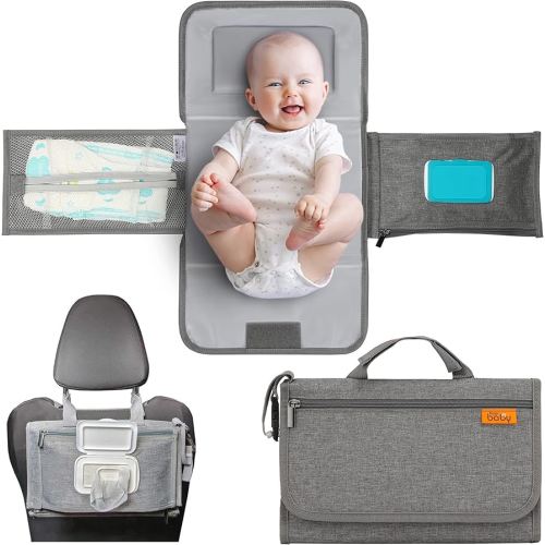 Kopi Baby Portable Diaper Changing Pad - Baby Diaper Changer Travel Bag with Wipes Pocket, Smart Design Portable Changing Mat, Infant Travel Station Kit, Gift for Newborn Girl & Boy - Grey, Modern