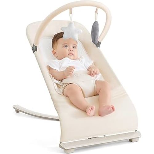 3-in-1 Portable Baby Bouncer & Rocker Chair for Newborn to Toddler - 4 Adjustable Recline Positions, Breathable Cotton Fabric, Natural Vibration, Supports Up to 33 lbs (Oatmeal Khaki)