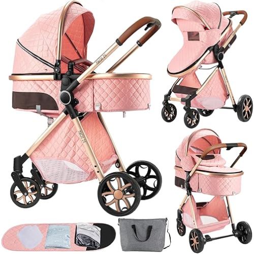 2 in 1 Baby Stroller with Bassinet Reversible Portable Standard Baby Stroller Convertible Pushchair Infant Buggy Baby Carriage Foldable High Landscape Pram for Toddler Newborn (2USV9-PINK)