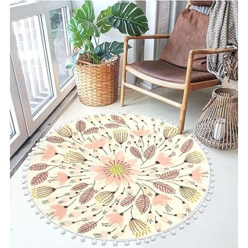 Uphome Round Rug for Bedroom 3' Circle Cute Bathroom Rugs with Pom Poms Fringe Floral Plant Washable Throw Rugs Non-Slip Soft Floor Mats for Sink Powder Entryway Living Room Nursery, Pink