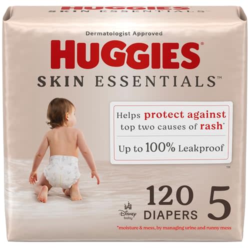 Huggies Size 5 Diapers, Skin Essentials Baby Diapers, Size 5 (27+ lbs), 120 Count (2 Packs of 60)