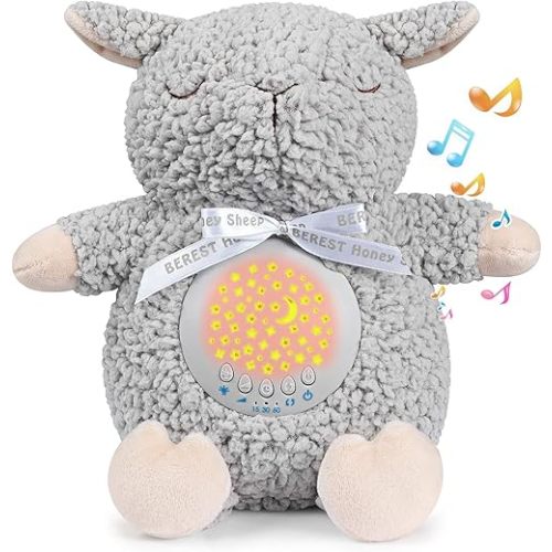 BEREST Baby Sleep Soother with Projector Night Light, Teddy Bear Sheep Musical Plush Toy with White Noise, Heartbeat, Shushing, Lullabies for Newborns, Boys & Girls Infants Shower Gift