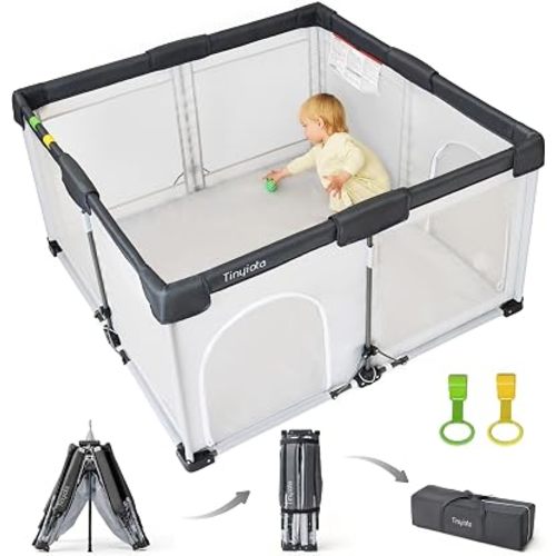 Tinyiota Foldable Baby Playpen, 50x50 Inch Portable Play Yard for Babies and Toddlers with Soft Breathable Mesh, Storage Bag & 2 Pull-Toy Handles for Indoor & Outdoor (Grey, 50x50)