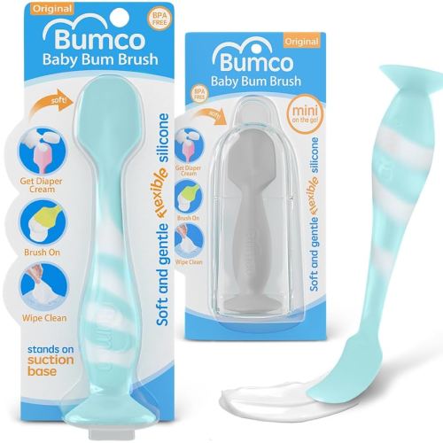 Bumco Baby Bum Brush + Mini Baby Diaper Cream Spatula with Case - BPA-Free Silicone Diaper Spatula with Suction Cup, Wipe-Clean, Mom-Invented Butt Paste Applicator (Aqua Swirl & Gray)