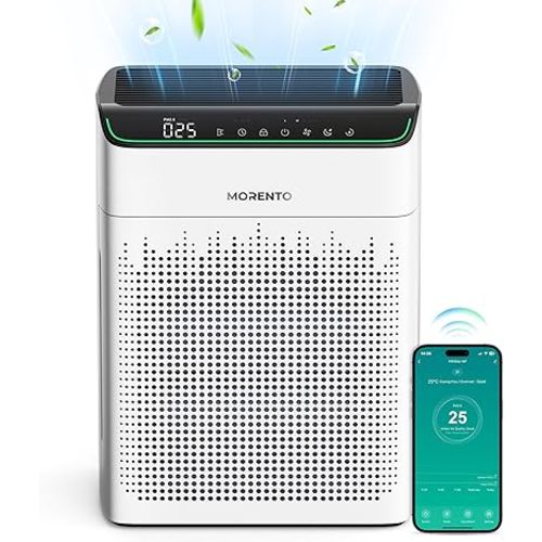 MORENTO Air Purifiers for Home Large Room Up to 1690 ft² with PM 2.5 Air Quality Monitor, Wi-Fi and Alexa compatible, HEPA Filter Double-sided Air Inlet for Smoke and Odor, 1 Pack+2 Pack Filters White