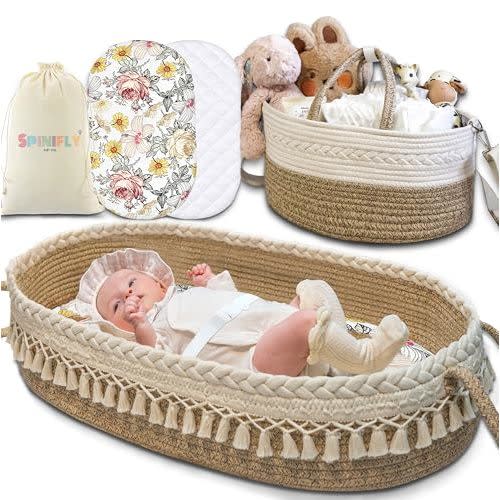 Baby Changing Basket Set w. Diaper Caddy Organizer Macrame Boho Moses Basket for Babies, Handmade 100% Cotton Rope, Woven Portable Nursery Decor Waterproof Pad & Floral Pad