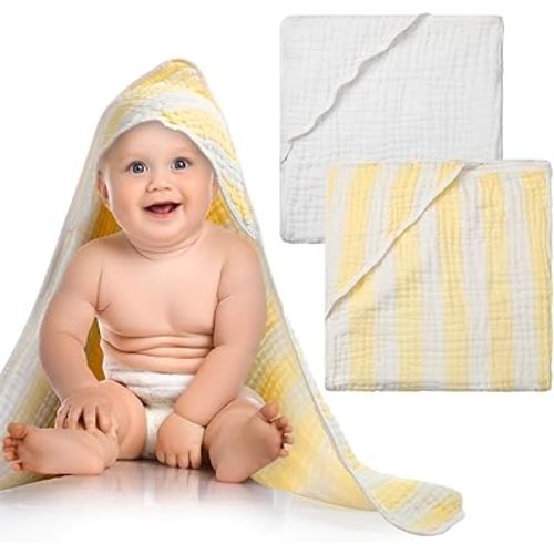 Chumia 2 Pieces Muslin Hooded Baby Towels for Newborn Girls Boys 32"x 32" Cotton Infant Bath Towel Absorbent Unisex Hooded Blankets for Babies Toddler, Newborn Registry Baby Gift (White,Yellow)