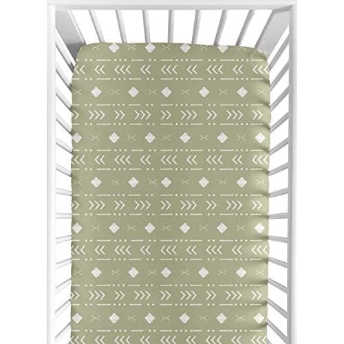 Sweet Jojo Designs Sage Green Boho Tribal Mudcloth Boy or Girl Fitted Crib Sheet Baby or Toddler Bed Nursery - White Woodland Bohemian Southwest Geometric Arrow Gender Neutral Aztec Mud Cloth