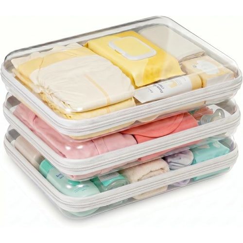 3 Pack Large Clear Hard Shell Zipper Case, Diaper Bag Organizer Pouches, Water-Resistant Travel Toiletry Bags for Baby Essentials, Toys, Cables, Crafts, Makeup, White