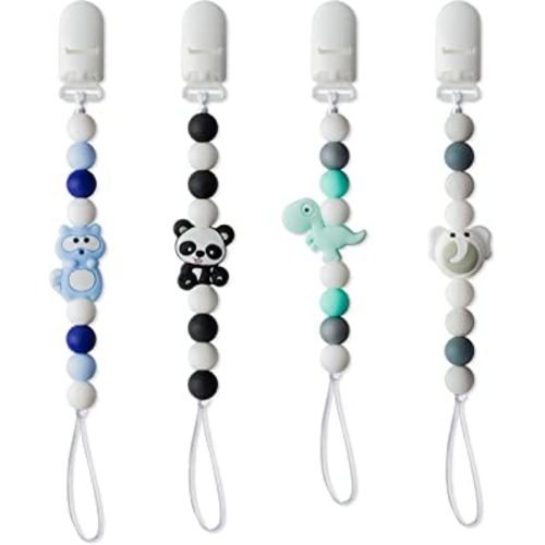 4Pcs Silicone Pacifier Clip for Babies Infant Animal Teething Panda Dinosaur Elephant Raccoon Soothie Toy Teethers Clips for Baby Shower Birthday Keepsake Christmas New Year Gift