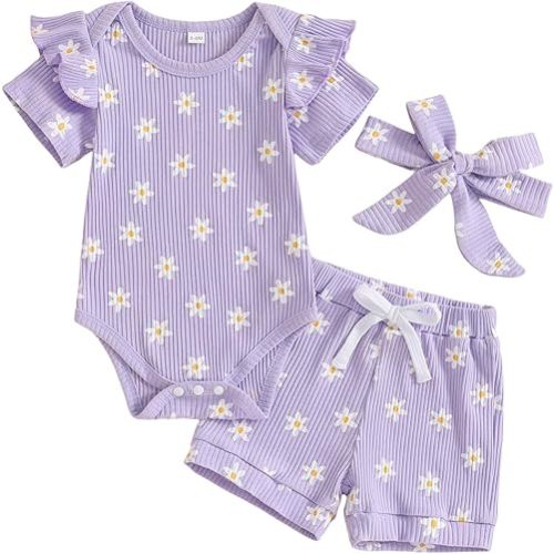 Newborn Infant Baby Girls Summer Outfit Ribbed Short Sleeve Romper + Floral Elastic Waist Shorts + Headband Sets