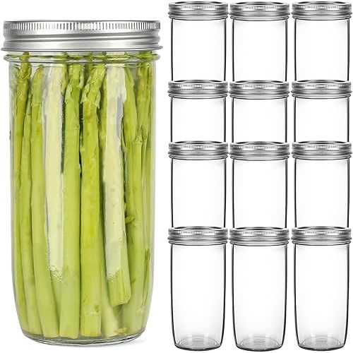 Mason Jars Wide Mouth 24oz, 12 pack Glass Pickle Canning Jars Food Storage With Airtight Mason Jar lids and Bands for Canning, Preserving, Fermenting, Pickling, DIY Projects (12)
