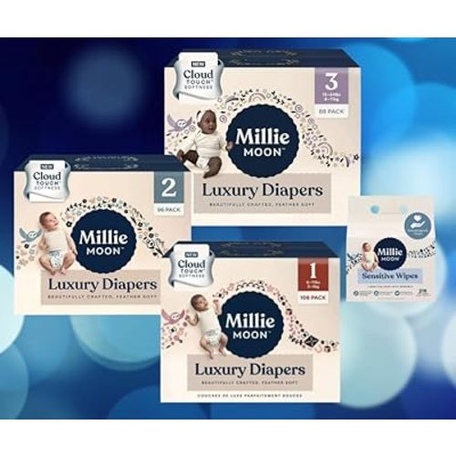 Luxury Moon Disposible Diapers and Wipes Babyshower Diaper and Wipes Bundle Millie Vegan Plant Based Wipes and Diapers Best Babyshower Gift Ideas, Unisex
