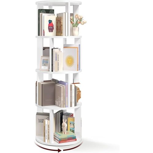 MAHANCRIS 4-Tier Rotating Bookshelf, 360° Spinning Bookshelf Tower, Floor Standing Round Revolving Bookcase, Display Rack for Books, CDs, for Living Room, Study, Bedroom, White BKWT6401