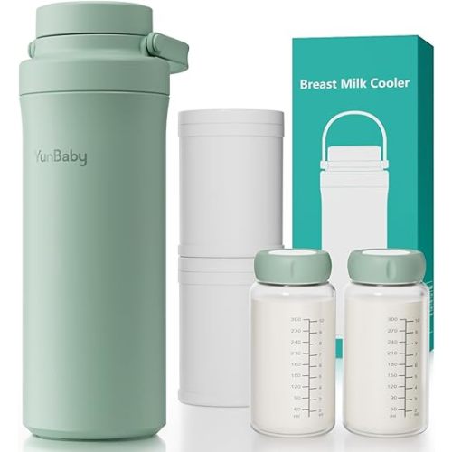 22oz Portable Breast Milk Cooler, Game-changer with 360° Total Cooling Gel Ice Pack for 30 Hours, Baby Travel Breastfeeding Essential Chiller with 2pcs Bottles for Breastmilk Storage(Green)