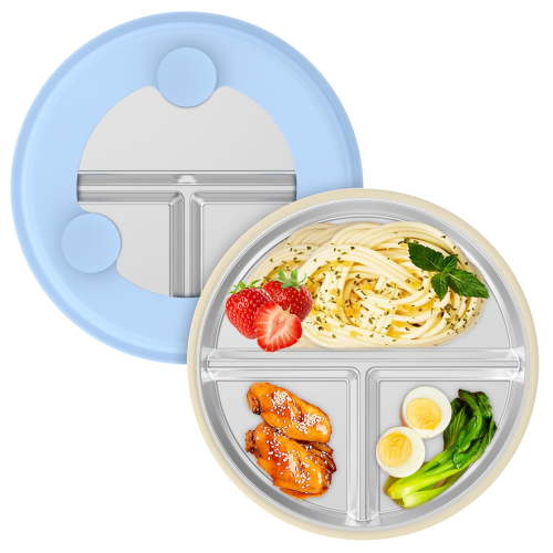 2Pcs Stainless Steel Kids Divided Plate Toddlers Divided Platter with Suction and Removable Silicone Sleeves for Kids Toddlers