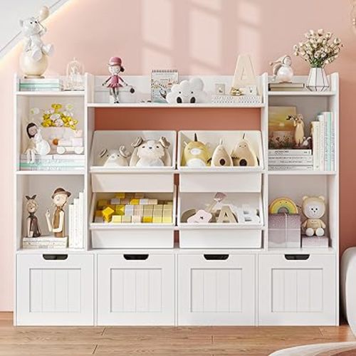 Toy Storage Organizer, Toy Organizers and Storage with 4 Removable Drawers and 4 Box Bins, Playroom Organization and Storage with Toy Shelf, Kids Toy Storage Organizer for Living Room