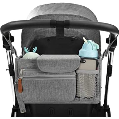 Universal Stroller Organizer, 2 Cup Holders & Detachable Bag with Shoulder Strap Stroller Bag for Bottle, Diaper, Phone, Toys, Baby Items, Design Fit All Strollers (Grey)