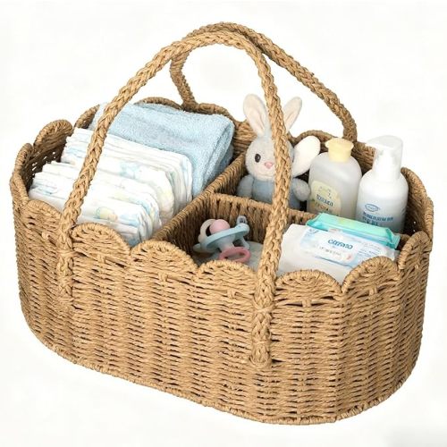 Diaper Caddy Organizer, Paper Rope Storage Baskets Nursery Bin with Removable Divider, Portable Car Organizer for Diapers, Baby Shower Gifts, Newborn Essentials Must Haves