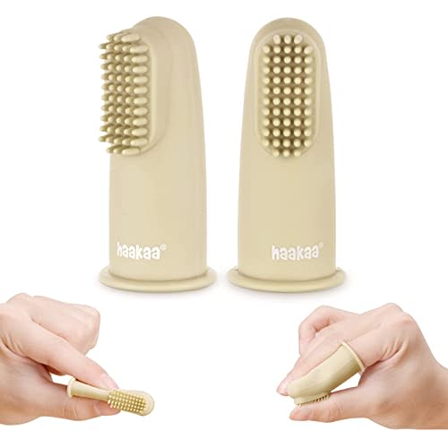 haakaa Silicone Baby Finger Toothbrush Set - Ultra Soft Bristles for Baby Oral Gum Cleaning| Baby Teething Training| Newborn Oral Massager, BPA Free,2PK - 0m+Babies - Cream