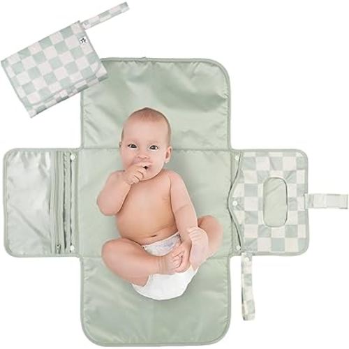 Tiny Twinkle Portable Diaper Changing Pad-Foldable Waterproof Changing Mat&Portable Changing Pad for Travel,Baby Changing Station with Smart Wipes Pocket&Storage (Sage Checkers)