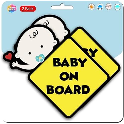 Baby on Board Signs for Car (2Pk) - Strong Adhesive Waterproof Baby on Board Sticker - Sticks Anywhere - Fade Proof Peeking Car Sticker