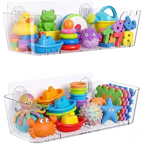 Bath Toy Storage Organizer, 2 Pack Large Capacity Bathtub Toy Holder with Drain Holes, No Drill Wall Mounted Shower Basket, Durable Plastic Quick-Dry Drainable Storage for Bathroom