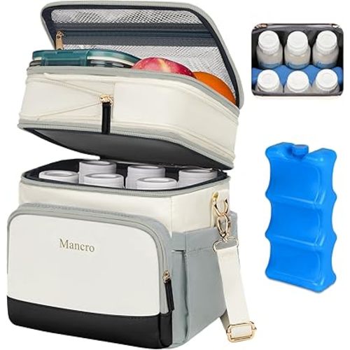 Mancro Expandable Breastmilk Cooler Bag with Ice Pack, Fits 6 Bottles Up to 9 Ounce, Portable Breast Pump Bag with Cooler, Bottle Bags for Daycare for Nursing Moms, White and Grey