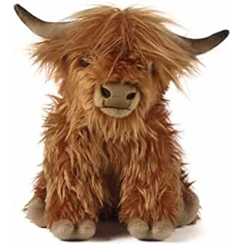 Living Nature Brown Highland Cow with Mooing Sound, Realistic Soft Cuddly Farm Toy, Naturli Eco-Friendly Plush, 9 Inches