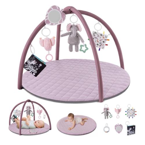 Blissful Diary Baby Play Gym Mat, Tummy Time Activity Mat with 6 Detachable Toys for Stage-Based Sensory & Motor Skill Development, Easy to Install & Clean, Baby Essentials Gift, Lavender Pink