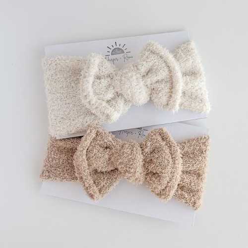 Teddy Bear Top Knot Bows (Fuzzy Neutrals - Ivory & Brown), Newborn / Baby Headband Wraps