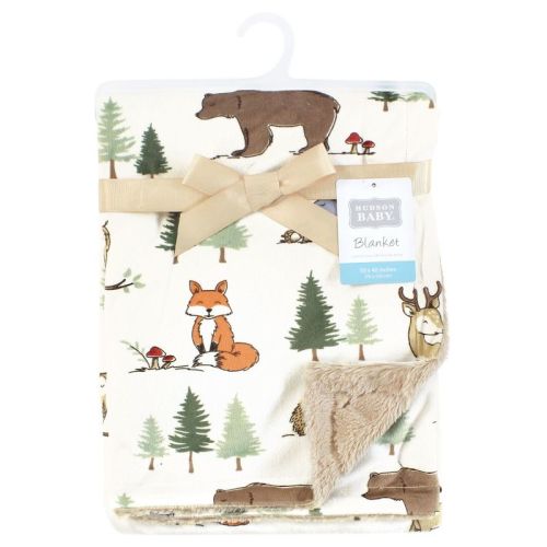 Hudson Baby Infant Boys Plush Blanket with Furry Binding and Back, Forest Animals, One Size