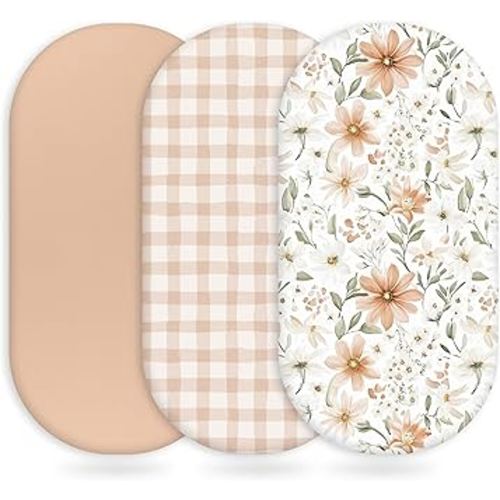 Baby Bassinet Sheets Girl Boy, Fitted Bassinet Sheet Set 3 Pack Bassinet Mattress Sheets Universal Fit for Rectangle, Round, Oval, Hourglass Mattress, Soft Breathable Orange Flowers & Plaid