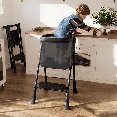 Toddler Tower Foldable, Foldable Toddler Standing Tower for Bathroom Sink or Kitchen Counter with Safety Net, Suitable for 1-6 Years,Black-White