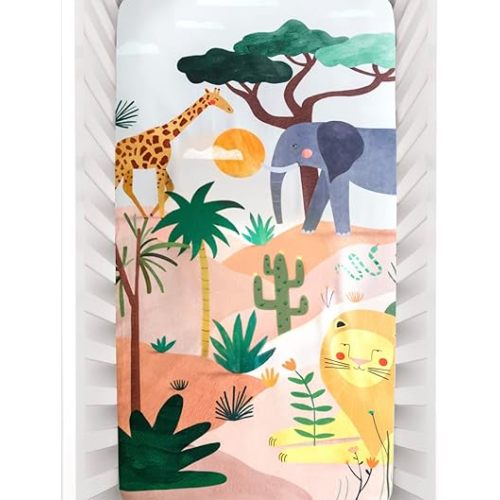 Rookie Humans 100% Cotton Sateen Fitted Crib Sheet: in The Savanna Safari. Modern Nursery, Use as a Photo Background for Your Baby Pictures. Standard Crib Size (52 x 28 inches)