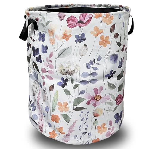 Watercolor Floral Laundry Basket Foldable With Handles Tote Bag Oxford Cloth Cute Flowers Laundry Hamper Clothes Storage Bucket Toy Organizer 18.9" x 16.5" For Bathroom/Laundry/Bedroom