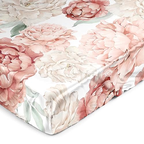 Sweet Jojo Designs Blush Pink Boho Shabby Chic Floral Girl Baby Satin Fitted Crib Sheet Infant Newborn Nursery Toddler Bed Room Standard Mattress Off White Ivory Bohemian Vintage Watercolor Flower