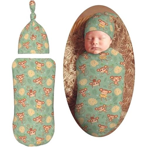 Cute Foxes Leaves Gray Newborn Swaddle Blankets Hat Sets Soft Baby Receiving Blanket Swaddle Sack for Baby Shower Infant Boy Girl Gift