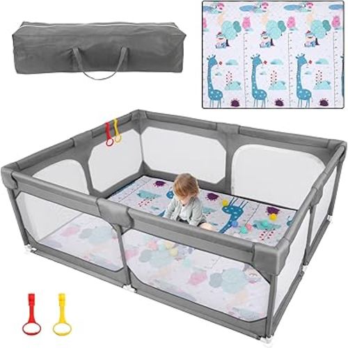 Baby Playpen with Mat 75"*59", Large Play Pen for Babies and Toddlers with Soft Breathable Mesh, Climb-Proof Anti-Fall Baby Playpen, Sturdy Safety Play Yard for Indoor Outdoor Fun, Grey