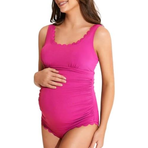 Summer Mae Scalloped Maternity Swimsuit One Piece Ribbed Bathing Suit Cutout Ruched Pregnancy Swimwear Tie Back