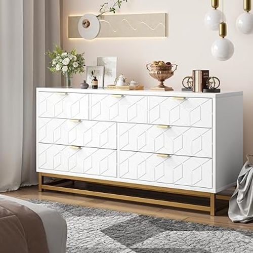 Dresser for Bedroom, 53.5" Wide Dresser Organizer, 7 Drawer with Golden Metal Handle and Legs, Modern Chest of Drawers for Closet, Hallway, Living Room, Entryway, White