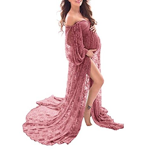 Saslax Soft Stretchy Lace Off Shoulder Doubly Split A-line Skirt Maternity Dress Pregnancy Maxi Gown for Photoshoot