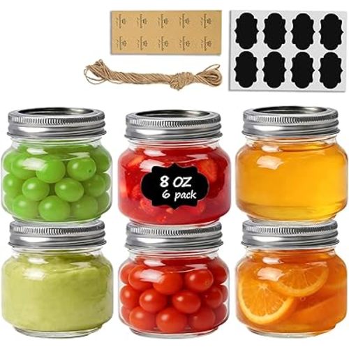 ComSaf 8 oz Regular Mouth Mason Jars,6Pcs Glass Jars for Home Cooks Making Jam and Jelly, and Crafters Creating DIY Candles and Party Favors, Canning Jar with Lids and Rings，Includes Labels & Twine