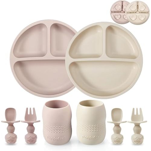 PandaEar Silicone Baby Feeding Set| 2 Pack Silicone Divided Suction Plate and 2 Pack Tiny Cup with 2 Spoons 2 Forks| Baby Led Weaning Supplies Self Feeding Eating Utensils (Light Tan/Pink)